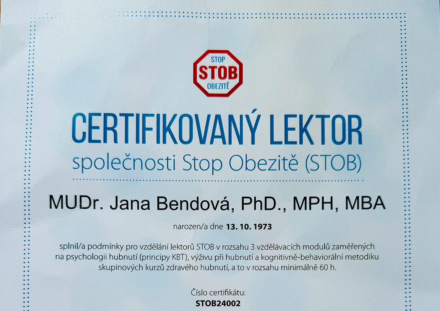 MUDr. Jana Bendová, PhD. certifikovaný lektor
